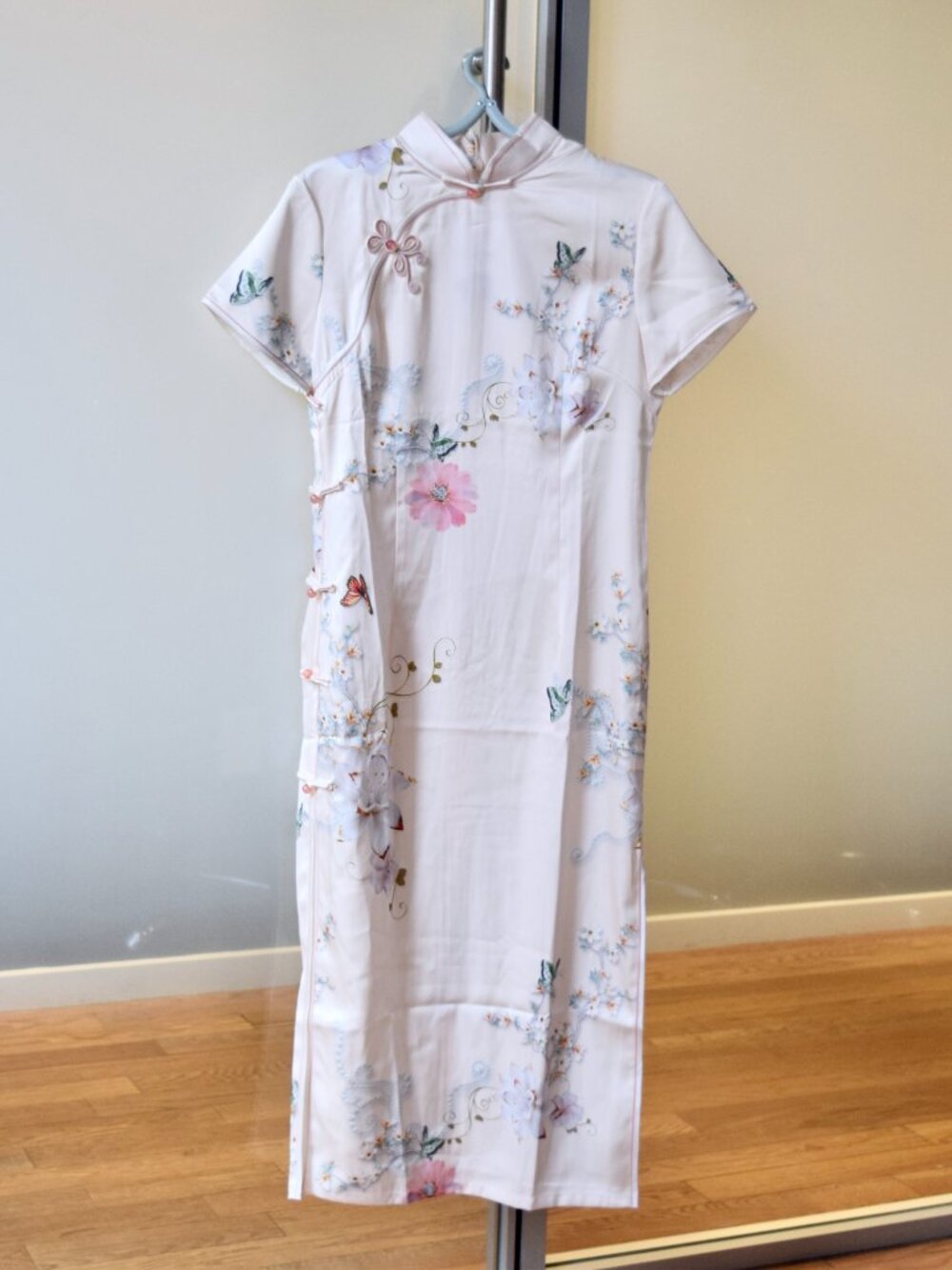 Beige Pink Flora Satin Long Qipao - Chinese Dress Cheongsam